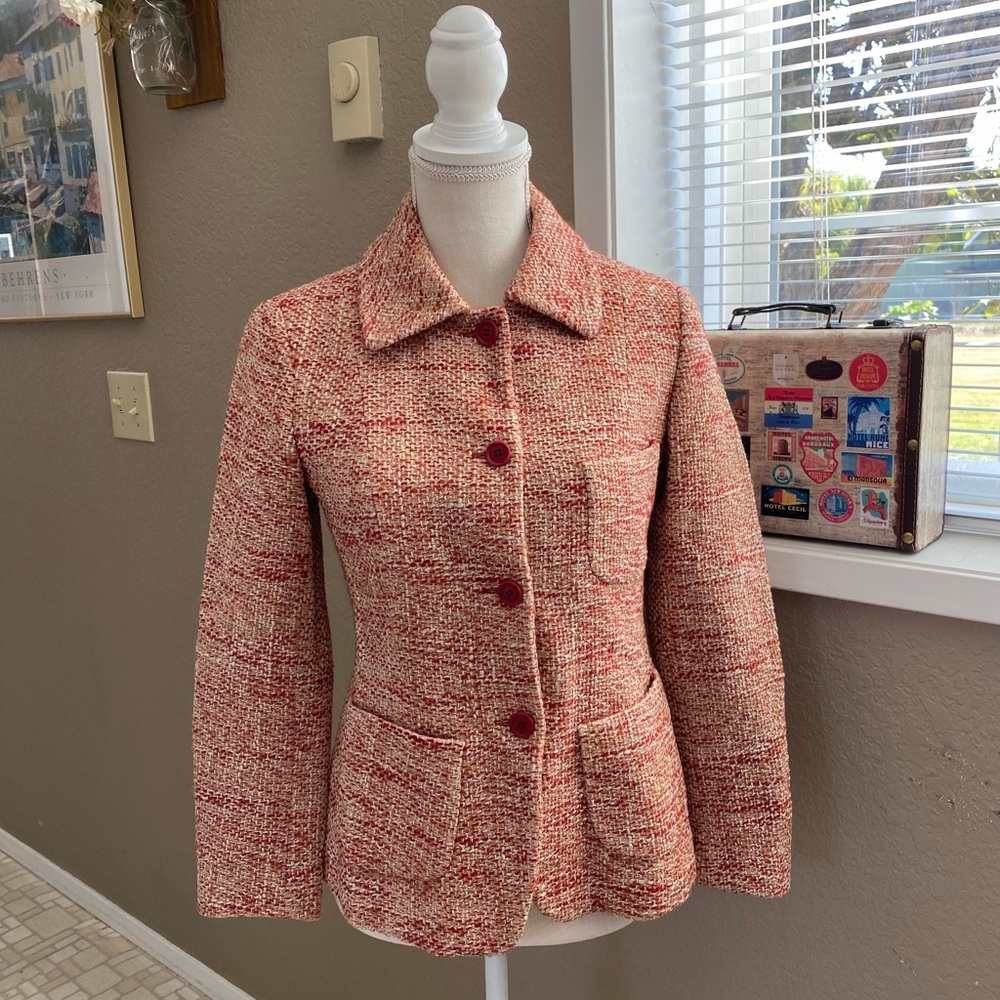 Carolina Herrera salmon/orange tweed lambs wool blend fitted jacket, Sz. 38/ 4-6